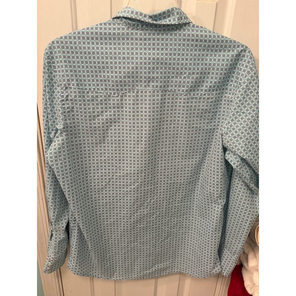 Wrangler Wrancher Men Shirt Size L Turquoise Navy Blue Pearl Snaps - Picture 6 of 8